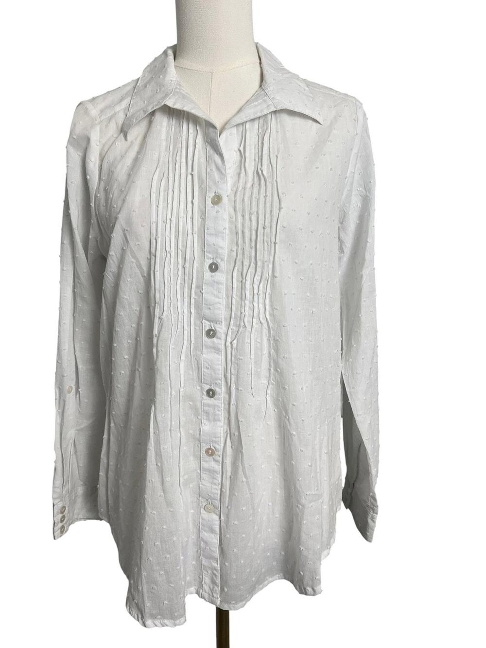 Fresco By Nomadic Traders Button Up Shirt Womens M White Swiss Dot Tunic Boho